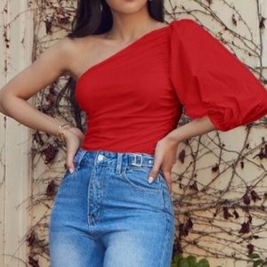 Shein One Shoulder Cotton Lantern Sleeve Red Top Size Medium